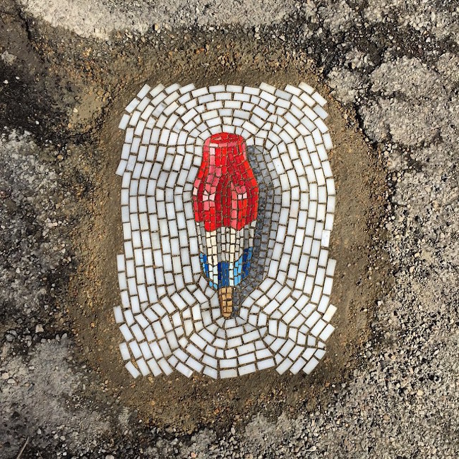 Public Art | Jim Bachor Subverts Potholes by using Mosaics